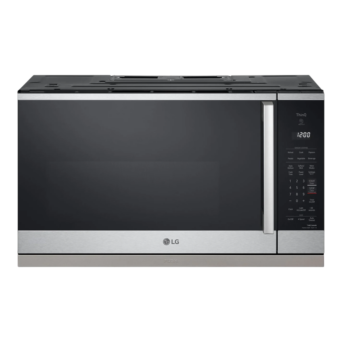 Noboxy LG 2.1 cu. ft. smart over-the-range microwave in PrintProof stainless steel with a wide glass viewing window.