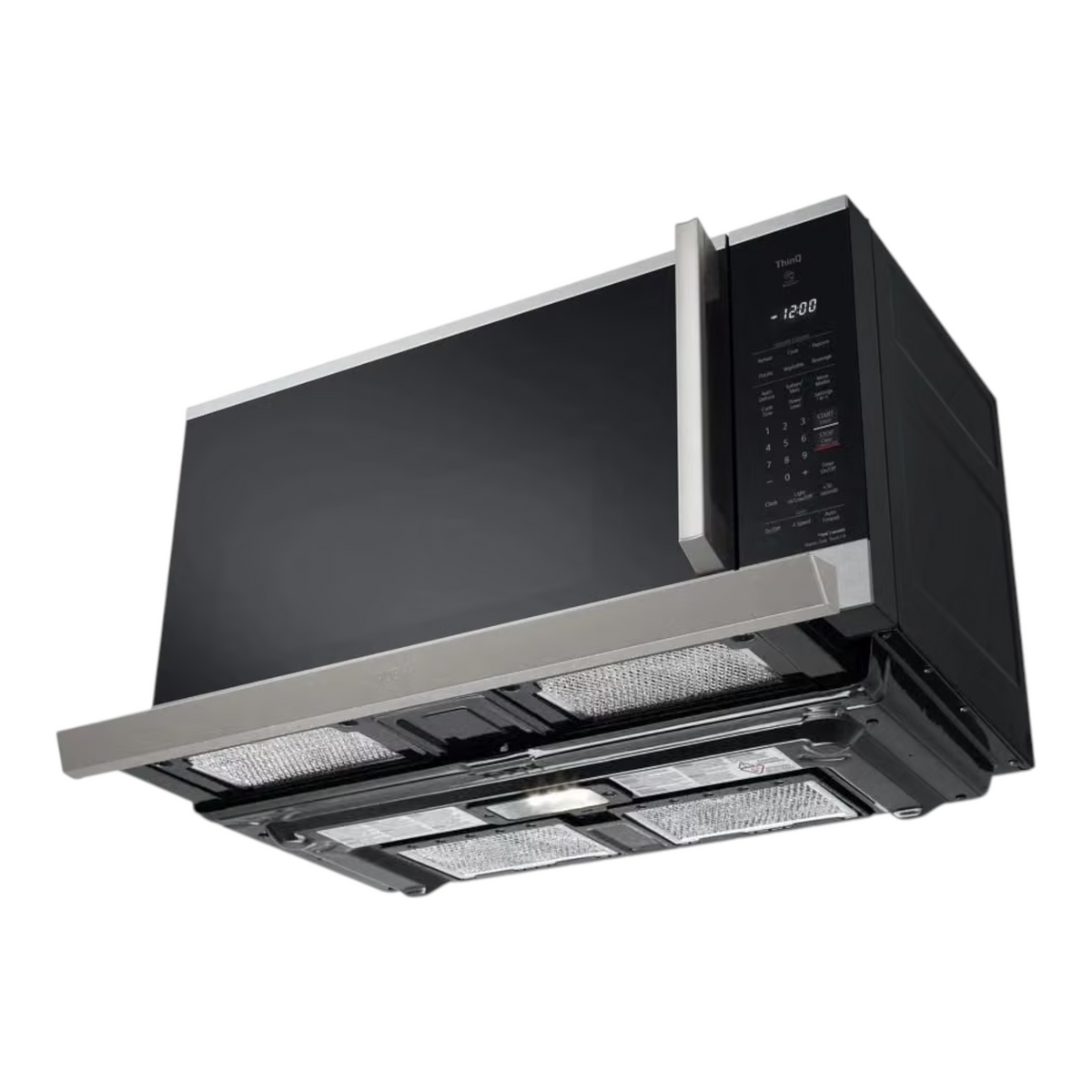 Noboxy LG smart over-the-range microwave in PrintProof stainless steel with ExtendaVent 2.0 and glass control panel