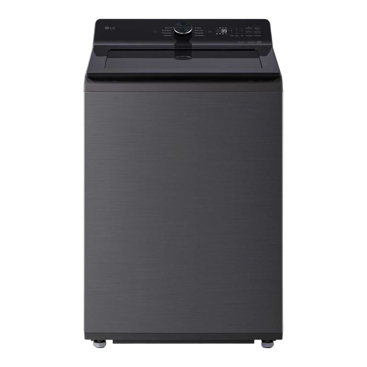 Noboxy LG 5.0 cu. ft. smart top load washer in platinum black with a sleek digital control panel and glass lid.