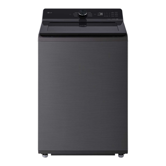 Noboxy LG 5.0 cu. ft. smart top load washer in platinum black with a sleek digital control panel and glass lid.