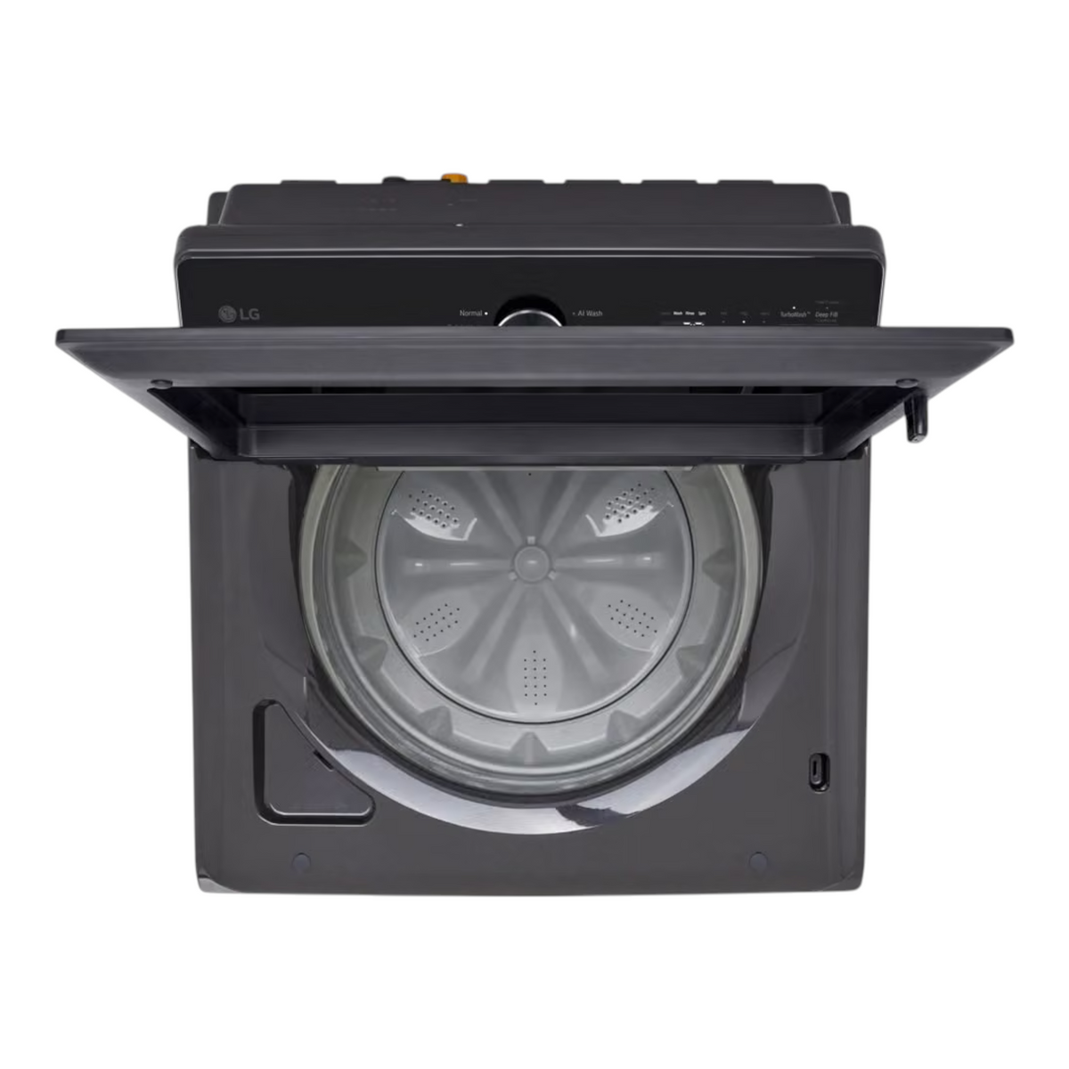 Noboxy LG 5.0 cu. ft. smart top load washer in platinum black with open lid showing the stainless steel drum interior