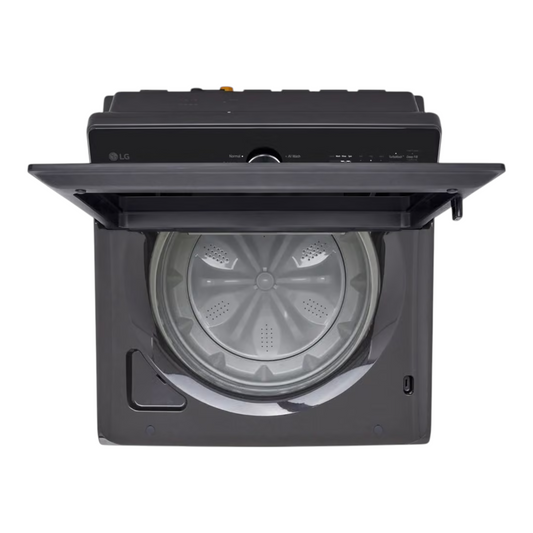 Noboxy LG 5.0 cu. ft. smart top load washer in platinum black with open lid showing the stainless steel drum interior