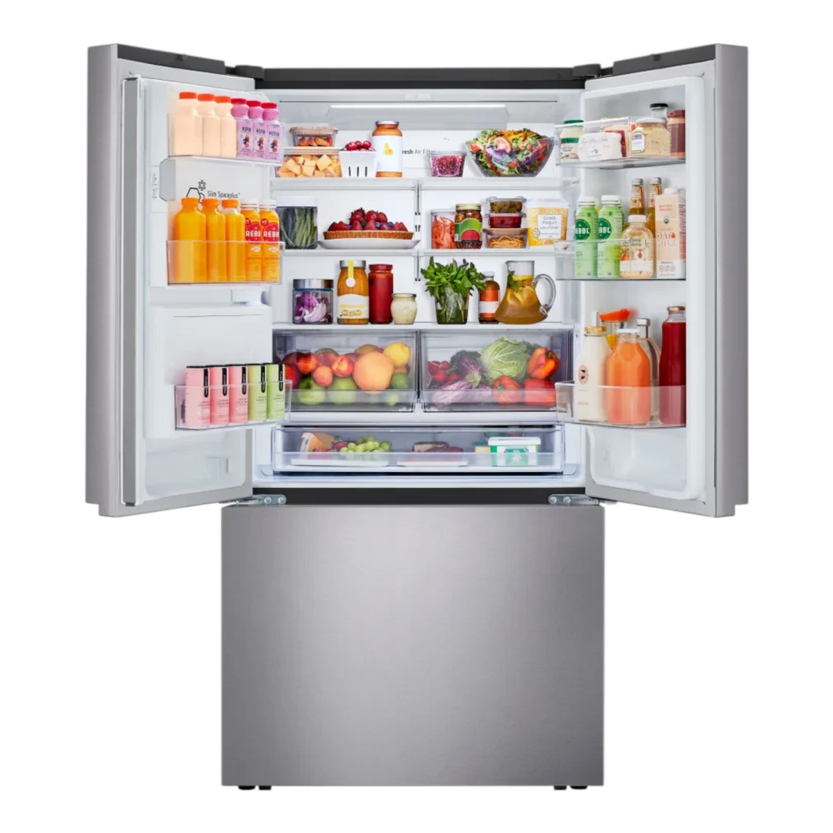 Noboxy LG 26 cu. ft. stainless steel French door refrigerator with open doors showing organized interior shelves