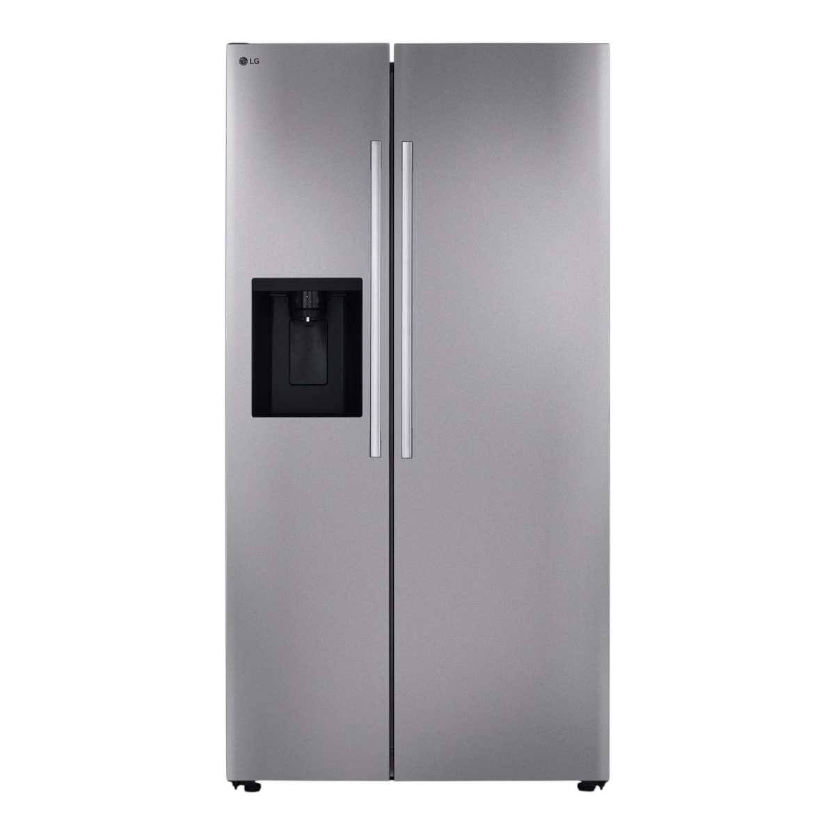 Noboxy LG 27 cu. ft. side-by-side refrigerator in PrintProof stainless steel with external water and ice dispenser.