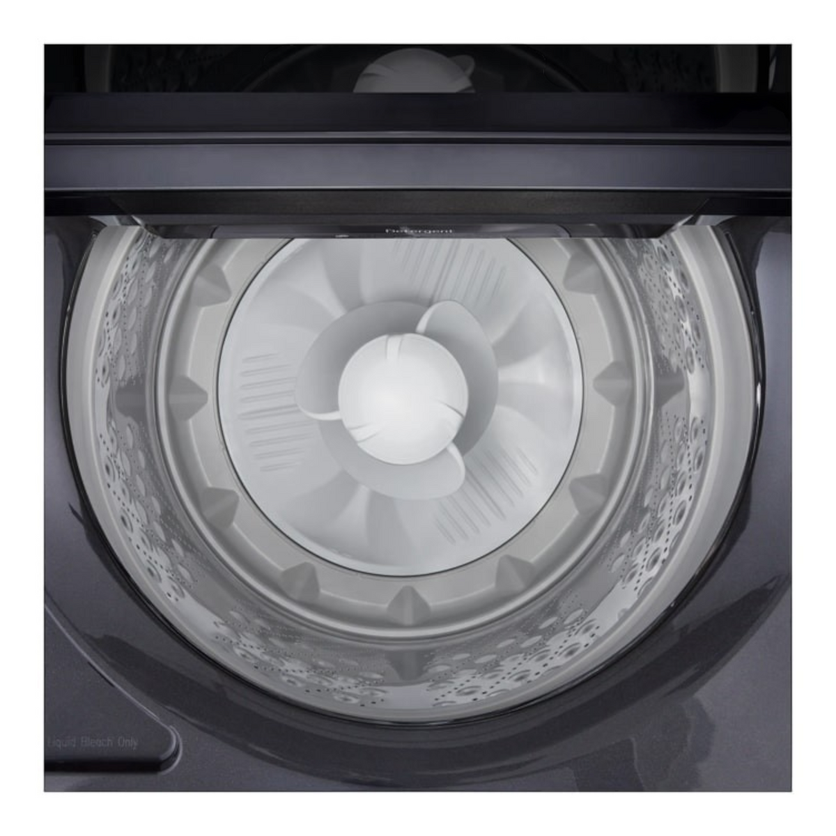 Noboxy LG smart top load washer drum interior featuring the 4-Way agitator in platinum black finish