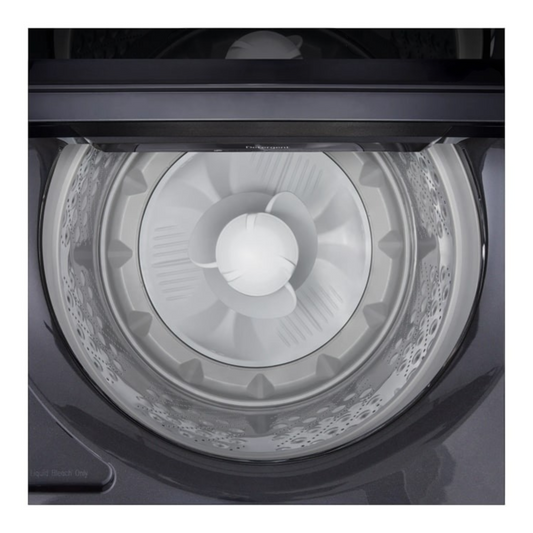 Noboxy LG smart top load washer drum interior featuring the 4-Way agitator in platinum black finish