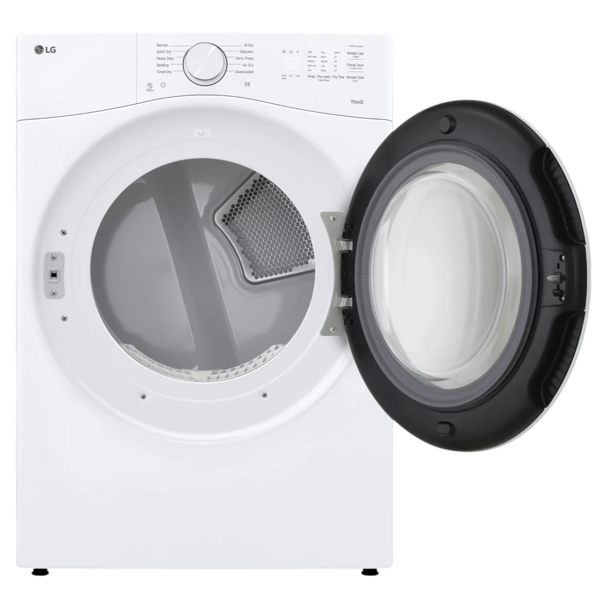Noboxy LG 7.4 cu. ft. white smart front load electric dryer with open door and AI sensor dry control panel