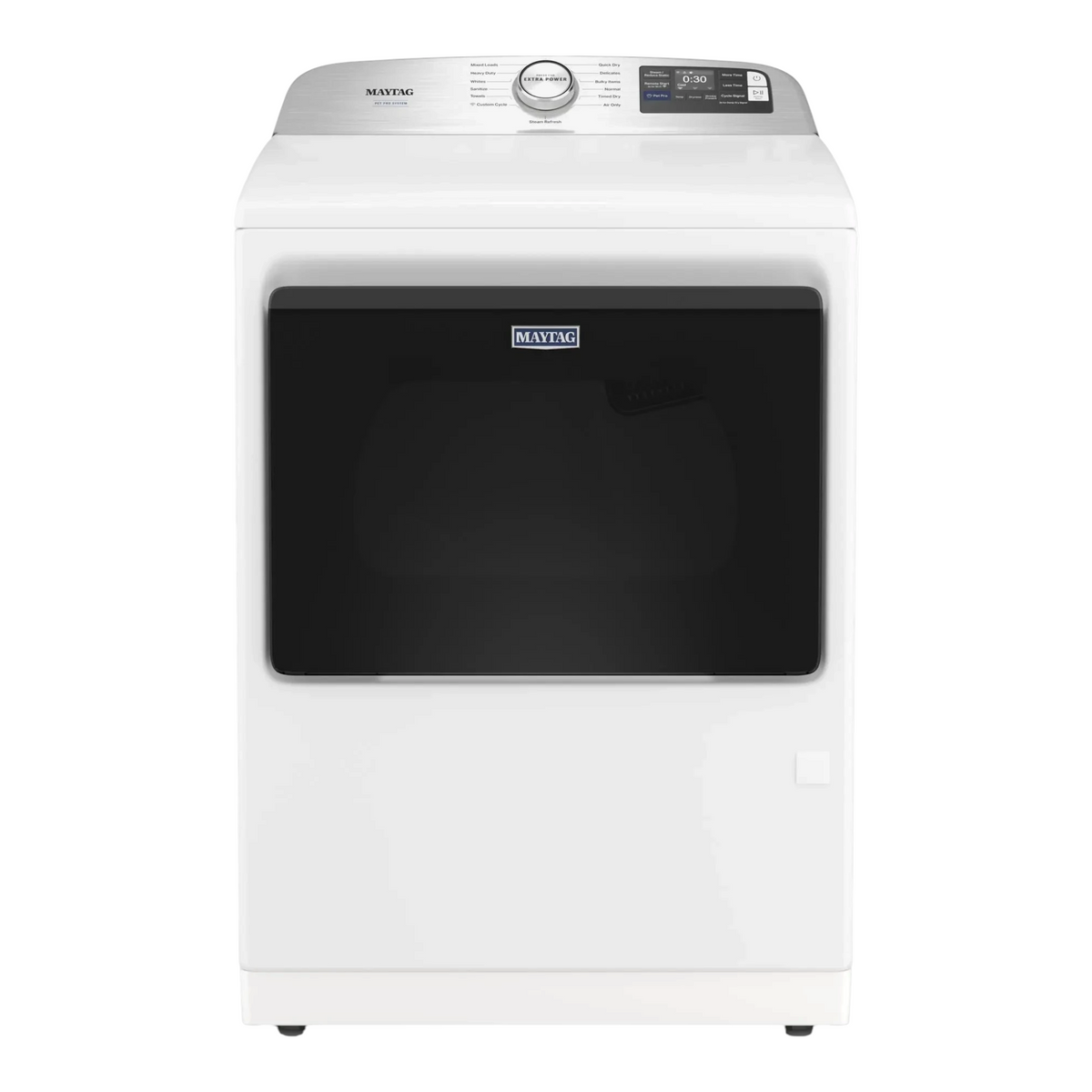 Noboxy Maytag 7.4 cu. ft. smart electric dryer in white with a black hamper-style door and Pet Pro control panel.