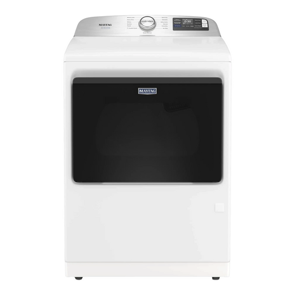 Noboxy Maytag 7.4 cu. ft. smart electric dryer in white with a black hamper-style door and Pet Pro control panel.