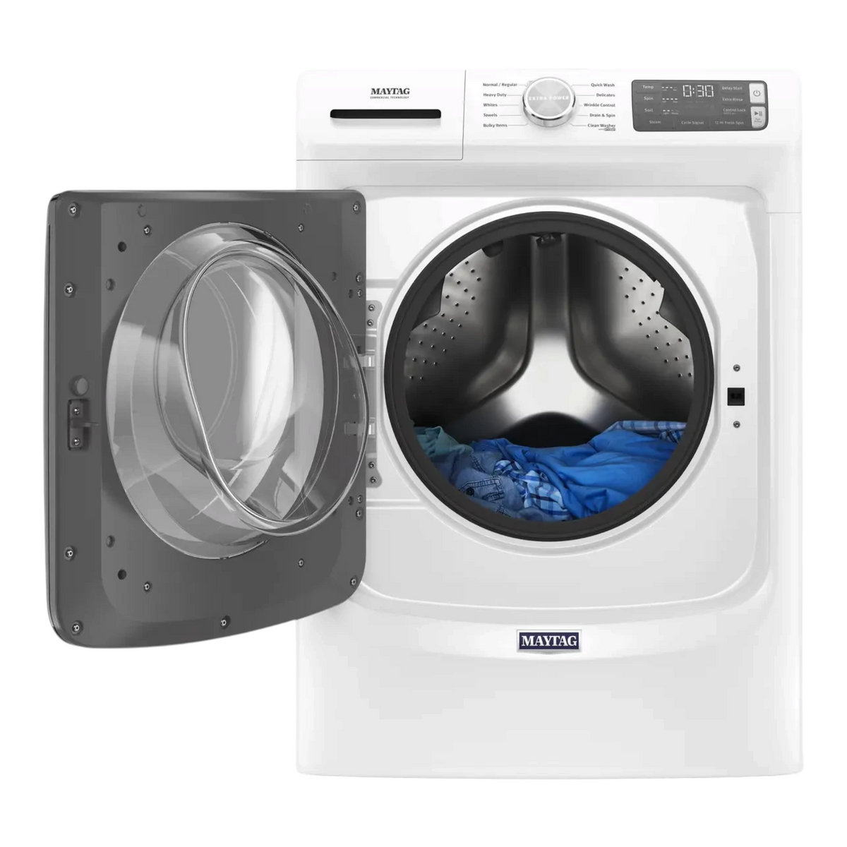 Noboxy Maytag 4.5 cu. ft. white front load washer with open door and stainless steel drum interior
