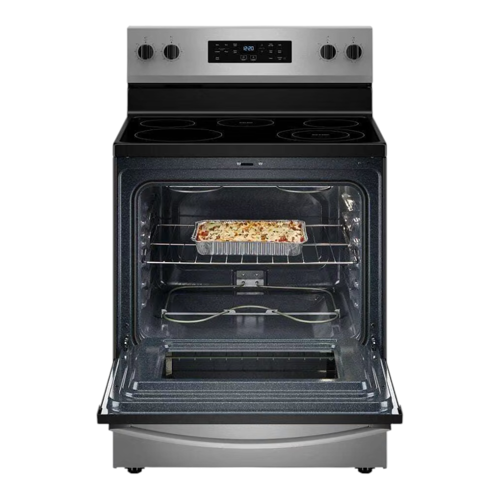 Noboxy Whirlpool 30-inch stainless steel electric range with open oven door and glass cooktop