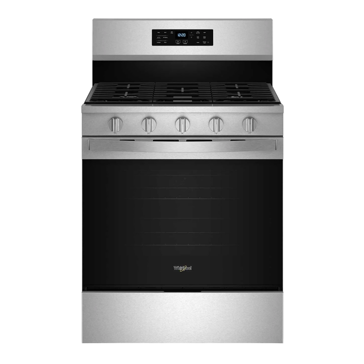 Noboxy Whirlpool 30-inch stainless steel gas range with five burners, convection oven, and air fry feature.