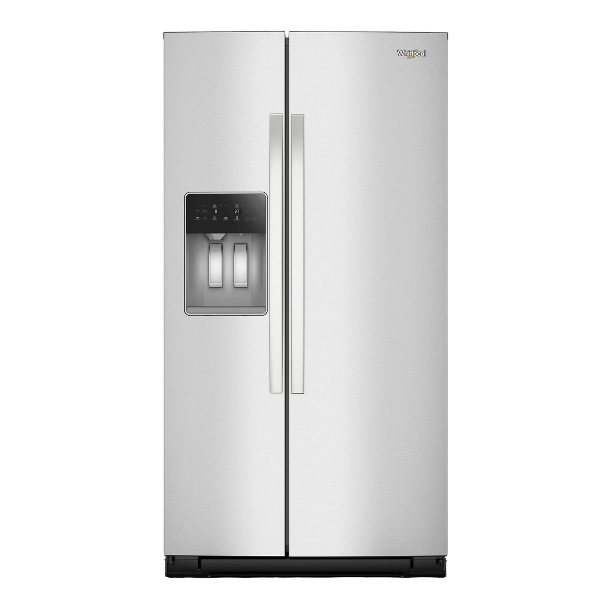 Noboxy Whirlpool side-by-side refrigerator in fingerprint resistant stainless steel with exterior ice and water dispenser