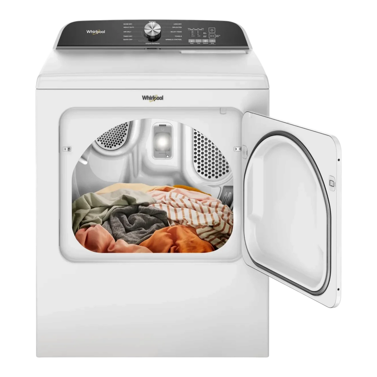 Noboxy Whirlpool 7.0 cu. ft. white electric dryer with open door showing stainless steel drum and interior light