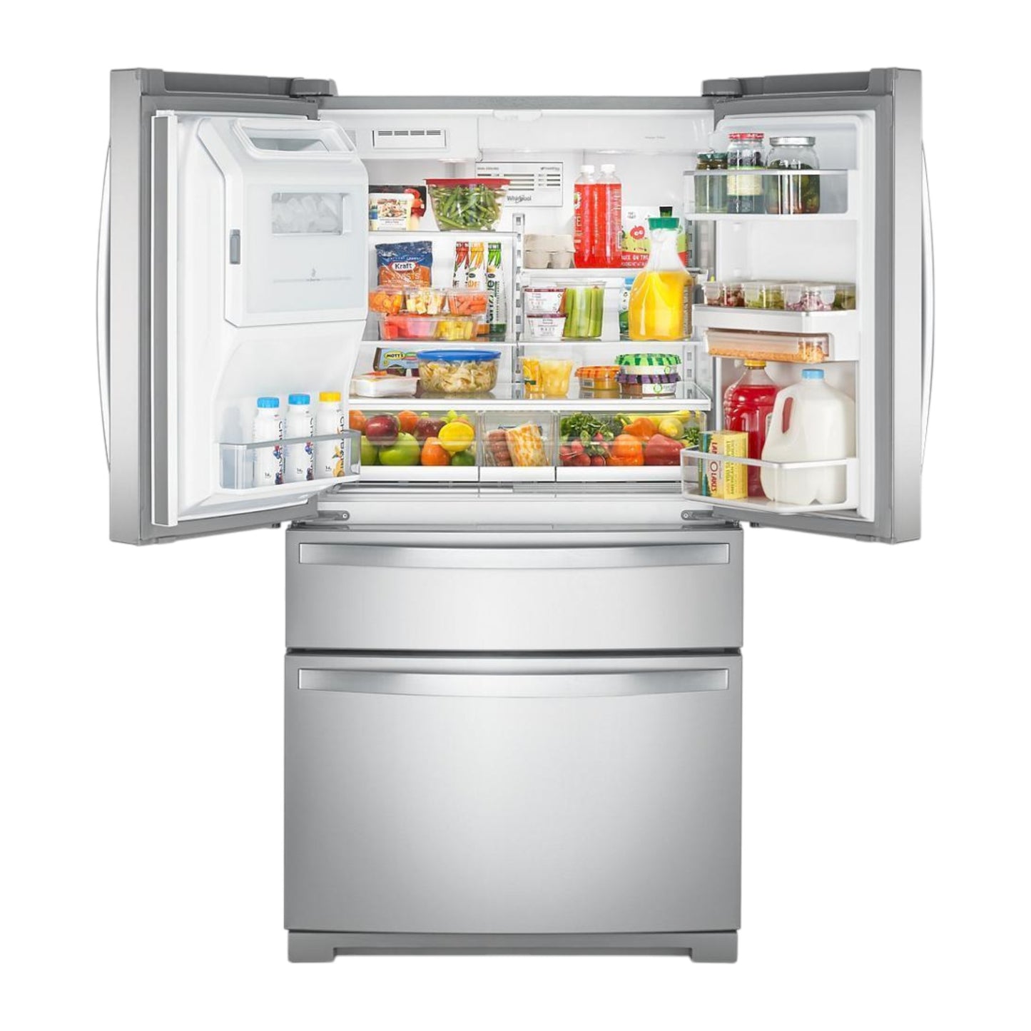 Whirlpool 26 cu ft 4-Door French Door Refrigerator with Prep & Store Bins, Exterior Ice & Water Dispenser – Fingerprint Resistant Stainless Steel